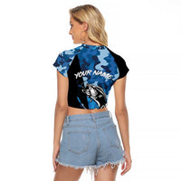 Custom Blue Camo Bass Fishing Raglan Cropped T Shirt Fishing Rod Graphic Design - Wonder Print Shop