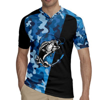 Custom Blue Camo Bass Fishing Rugby Jersey Fishing Rod Graphic Design - Wonder Print Shop