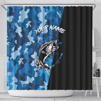 Custom Blue Camo Bass Fishing Shower Curtain Fishing Rod Graphic Design - Wonder Print Shop
