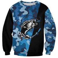 Custom Blue Camo Bass Fishing Sweatshirt Fishing Rod Graphic Design - Wonder Print Shop