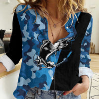 Custom Blue Camo Bass Fishing Women Casual Shirt Fishing Rod Graphic Design - Wonder Print Shop