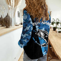Custom Blue Camo Bass Fishing Women Casual Shirt Fishing Rod Graphic Design - Wonder Print Shop