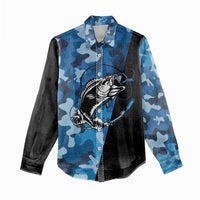 Custom Blue Camo Bass Fishing Women Casual Shirt Fishing Rod Graphic Design - Wonder Print Shop