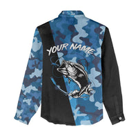 Custom Blue Camo Bass Fishing Women Casual Shirt Fishing Rod Graphic Design - Wonder Print Shop