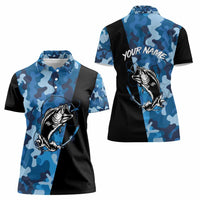 Custom Blue Camo Bass Fishing Women Polo Shirt Fishing Rod Graphic Design - Wonder Print Shop