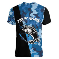 Custom Blue Camo Bass Fishing Women V-Neck T-Shirt Fishing Rod Graphic Design - Wonder Print Shop