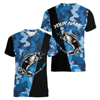 Custom Blue Camo Bass Fishing Women V-Neck T-Shirt Fishing Rod Graphic Design - Wonder Print Shop