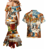 Oktoberfest Couples Matching Mermaid Dress and Hawaiian Shirt with Beer Mug Illustration White Diamond Pattern - Wonder Print Shop