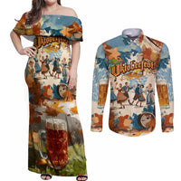 Oktoberfest Couples Matching Off Shoulder Maxi Dress and Long Sleeve Button Shirt with Beer Mug Illustration White Diamond Pattern - Wonder Print Shop