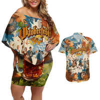 Oktoberfest Couples Matching Off Shoulder Short Dress and Hawaiian Shirt with Beer Mug Illustration White Diamond Pattern - Wonder Print Shop