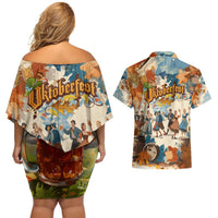 Oktoberfest Couples Matching Off Shoulder Short Dress and Hawaiian Shirt with Beer Mug Illustration White Diamond Pattern - Wonder Print Shop
