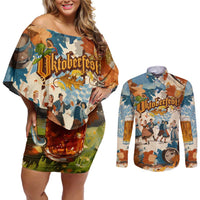 Oktoberfest Couples Matching Off Shoulder Short Dress and Long Sleeve Button Shirt with Beer Mug Illustration White Diamond Pattern - Wonder Print Shop