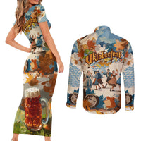 Oktoberfest Couples Matching Short Sleeve Bodycon Dress and Long Sleeve Button Shirt with Beer Mug Illustration White Diamond Pattern - Wonder Print Shop