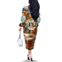 Oktoberfest Family Matching Off The Shoulder Long Sleeve Dress and Hawaiian Shirt with Beer Mug Illustration White Diamond Pattern - Wonder Print Shop