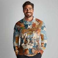Oktoberfest Long Sleeve Polo Shirt with Beer Mug Illustration White Diamond Pattern - Wonder Print Shop