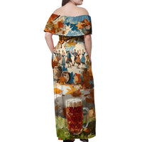 Oktoberfest Off Shoulder Maxi Dress with Beer Mug Illustration White Diamond Pattern - Wonder Print Shop
