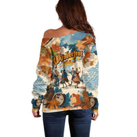 Oktoberfest Off Shoulder Sweater with Beer Mug Illustration White Diamond Pattern - Wonder Print Shop