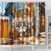 Oktoberfest Shower Curtain with Beer Mug Illustration White Diamond Pattern - Wonder Print Shop