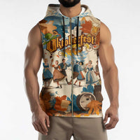 Oktoberfest Sleeveless Zip Hoodie with Beer Mug Illustration White Diamond Pattern - Wonder Print Shop