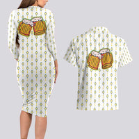 Oktoberfest Couples Matching Long Sleeve Bodycon Dress and Hawaiian Shirt with Oktoberfest Beer Mug Illustration White Diamond - Wonder Print Shop