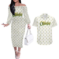 Oktoberfest Couples Matching Off The Shoulder Long Sleeve Dress and Hawaiian Shirt with Oktoberfest Beer Mug Illustration White Diamond - Wonder Print Shop