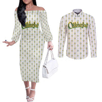 Oktoberfest Couples Matching Off The Shoulder Long Sleeve Dress and Long Sleeve Button Shirt with Oktoberfest Beer Mug Illustration White Diamond - Wonder Print Shop
