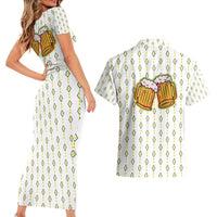 Oktoberfest Couples Matching Short Sleeve Bodycon Dress and Hawaiian Shirt with Oktoberfest Beer Mug Illustration White Diamond - Wonder Print Shop