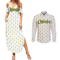 Oktoberfest Couples Matching Summer Maxi Dress and Long Sleeve Button Shirt with Oktoberfest Beer Mug Illustration White Diamond - Wonder Print Shop