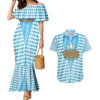 Oktoberfest Couples Matching Mermaid Dress and Hawaiian Shirt with Beer Glass Illustration Blue White Diamond - Wonder Print Shop