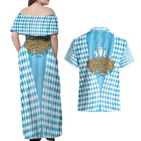 Oktoberfest Couples Matching Off Shoulder Maxi Dress and Hawaiian Shirt with Beer Glass Illustration Blue White Diamond - Wonder Print Shop