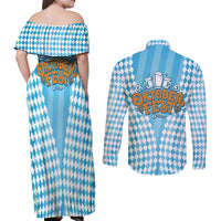 Oktoberfest Couples Matching Off Shoulder Maxi Dress and Long Sleeve Button Shirt with Beer Glass Illustration Blue White Diamond - Wonder Print Shop