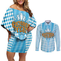 Oktoberfest Couples Matching Off Shoulder Short Dress and Long Sleeve Button Shirt with Beer Glass Illustration Blue White Diamond - Wonder Print Shop