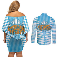 Oktoberfest Couples Matching Off Shoulder Short Dress and Long Sleeve Button Shirt with Beer Glass Illustration Blue White Diamond - Wonder Print Shop
