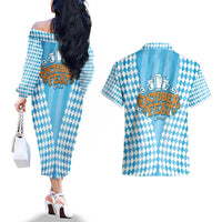 Oktoberfest Couples Matching Off The Shoulder Long Sleeve Dress and Hawaiian Shirt with Beer Glass Illustration Blue White Diamond - Wonder Print Shop