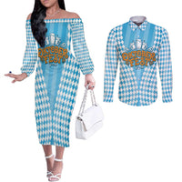 Oktoberfest Couples Matching Off The Shoulder Long Sleeve Dress and Long Sleeve Button Shirt with Beer Glass Illustration Blue White Diamond - Wonder Print Shop