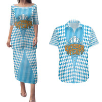 Oktoberfest Couples Matching Puletasi and Hawaiian Shirt with Beer Glass Illustration Blue White Diamond - Wonder Print Shop