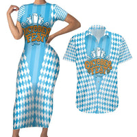 Oktoberfest Couples Matching Short Sleeve Bodycon Dress and Hawaiian Shirt with Beer Glass Illustration Blue White Diamond - Wonder Print Shop