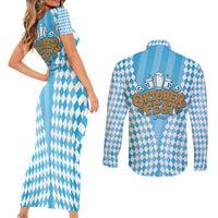 Oktoberfest Couples Matching Short Sleeve Bodycon Dress and Long Sleeve Button Shirt with Beer Glass Illustration Blue White Diamond - Wonder Print Shop