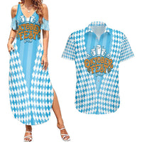 Oktoberfest Couples Matching Summer Maxi Dress and Hawaiian Shirt with Beer Glass Illustration Blue White Diamond - Wonder Print Shop
