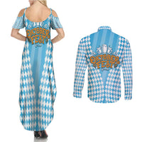 Oktoberfest Couples Matching Summer Maxi Dress and Long Sleeve Button Shirt with Beer Glass Illustration Blue White Diamond - Wonder Print Shop