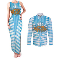 Oktoberfest Couples Matching Tank Maxi Dress and Long Sleeve Button Shirt with Beer Glass Illustration Blue White Diamond - Wonder Print Shop
