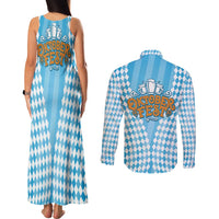 Oktoberfest Couples Matching Tank Maxi Dress and Long Sleeve Button Shirt with Beer Glass Illustration Blue White Diamond - Wonder Print Shop