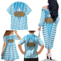 Oktoberfest Family Matching Off The Shoulder Long Sleeve Dress and Hawaiian Shirt with Beer Glass Illustration Blue White Diamond - Wonder Print Shop