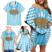 Oktoberfest Family Matching Off Shoulder Short Dress and Hawaiian Shirt with Beer Glass Illustration Blue White Diamond - Wonder Print Shop