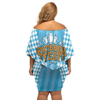 Oktoberfest Family Matching Off Shoulder Short Dress and Hawaiian Shirt with Beer Glass Illustration Blue White Diamond - Wonder Print Shop
