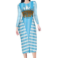 Oktoberfest Long Sleeve Bodycon Dress with Beer Glass Illustration Blue White Diamond - Wonder Print Shop