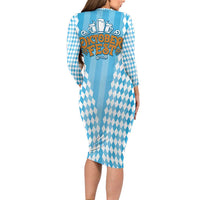 Oktoberfest Long Sleeve Bodycon Dress with Beer Glass Illustration Blue White Diamond - Wonder Print Shop