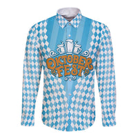 Oktoberfest Long Sleeve Button Shirt with Beer Glass Illustration Blue White Diamond - Wonder Print Shop