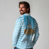 Oktoberfest Long Sleeve Polo Shirt with Beer Glass Illustration Blue White Diamond - Wonder Print Shop