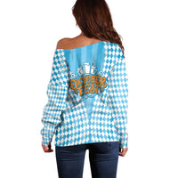 Oktoberfest Off Shoulder Sweater with Beer Glass Illustration Blue White Diamond - Wonder Print Shop